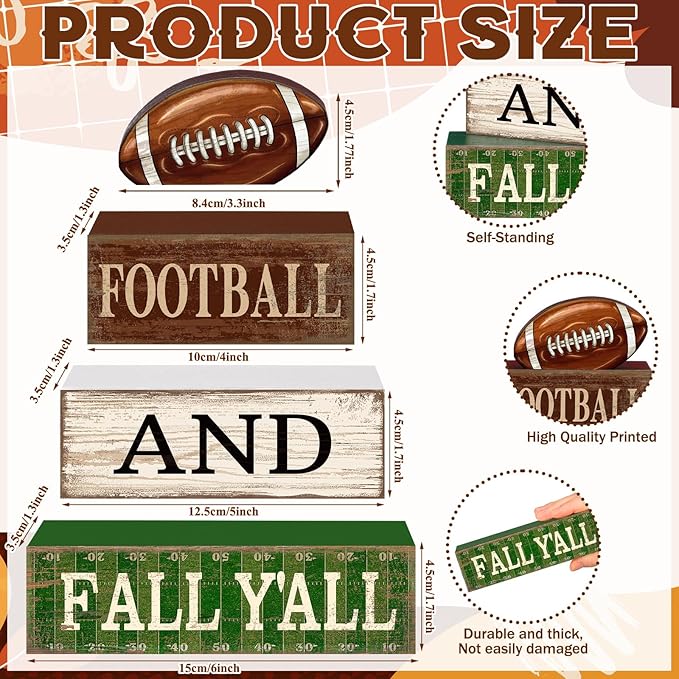 Lineshading 4 Pcs Football Table Decorations Football & Fall Wooden Stacked Block Decor Sport Game Centerpiece Decorative Rugby Block Gift for Fans Club Tailgate Birthday Party Shelf Fireplace Decor