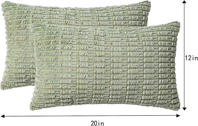 Aegero Pack of 2 Corduroy Decorative Throw Pillow Covers 12x20 InchSoft Boho Striped Pillow Covers Modern Farmhouse Home Decor for Sofa Living Room Couch Bed（Sage Green）