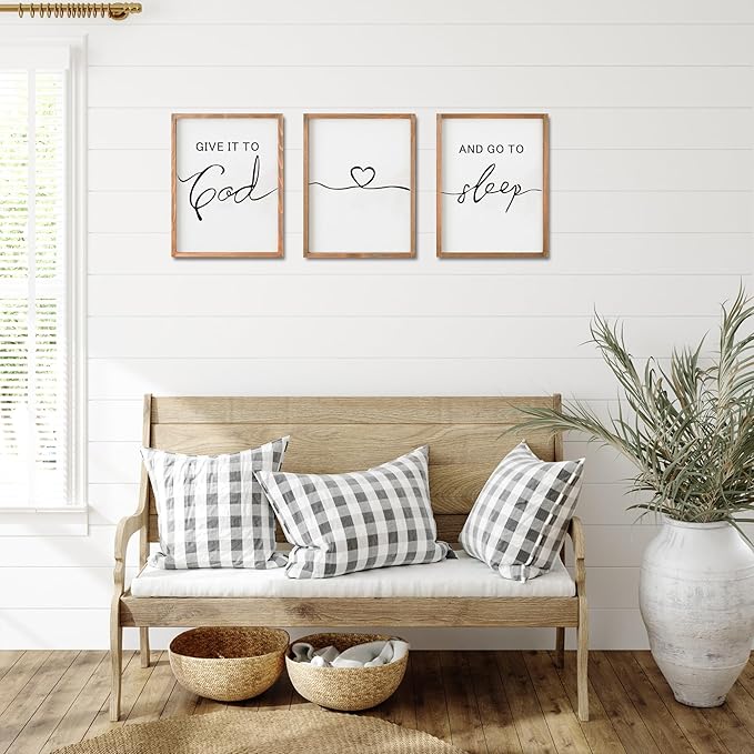 Set of 3 Framed Farmhouse Give it to God and Go to Sleep Signs Above Bed Wall Decors for Bedroom Wood Signs (Brown, 16"x24")
