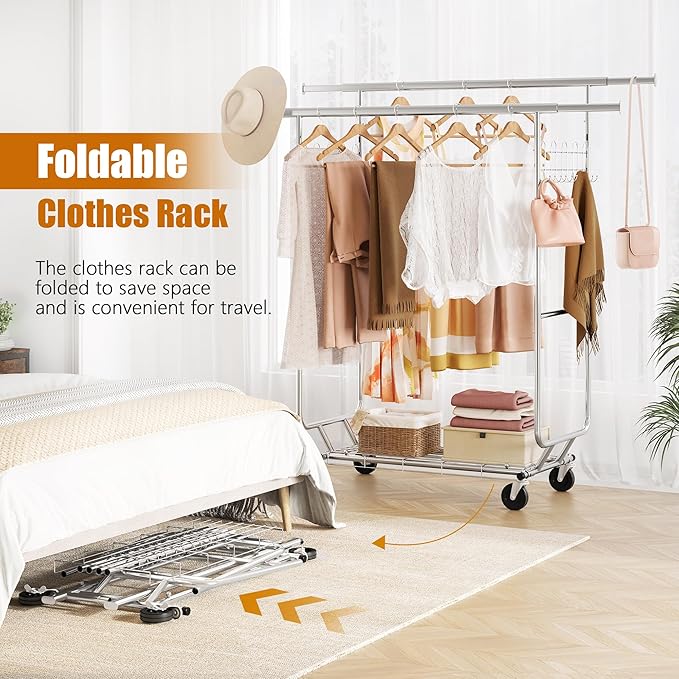 Heavy Duty Clothes Rack Load 900 Lbs, Double Rod Rolling Clothing Rack With Sturdy Wheel And Shelves，Adjustable Portable Hanging Rack For Clothes,Silver Stainless Steel