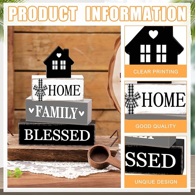 Cinnvoice 4 Pcs Farmhouse Tabletop Decor Rustic Family Blessed Home Table Centerpiece This Is Us Sign for Kitchen Shelf Desk Fireplace Mantel Tiered Tray Decor(Neutral Home Family Blessed)
