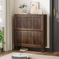 Shoe Cabinet, Shoe Storage Cabinet with Louvered 2 Flip Drawers, Narrow Shoe Cabinet Storage for Entryway, Freestanding Shoe Organizer Cabinet with Golden Handles, Slim Shoe Rack Cabinet (Walnut)