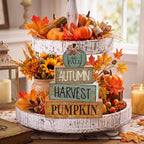 Lineshading 4 Pcs Fall Table Decoration for Home Wooden Pumpkin Decor Thanksgiving Tiered Tray Decor Rustic Neutral Pumpkin Stacked Block Autumn Centerpiece Decoration for Harvest Home Kitchen