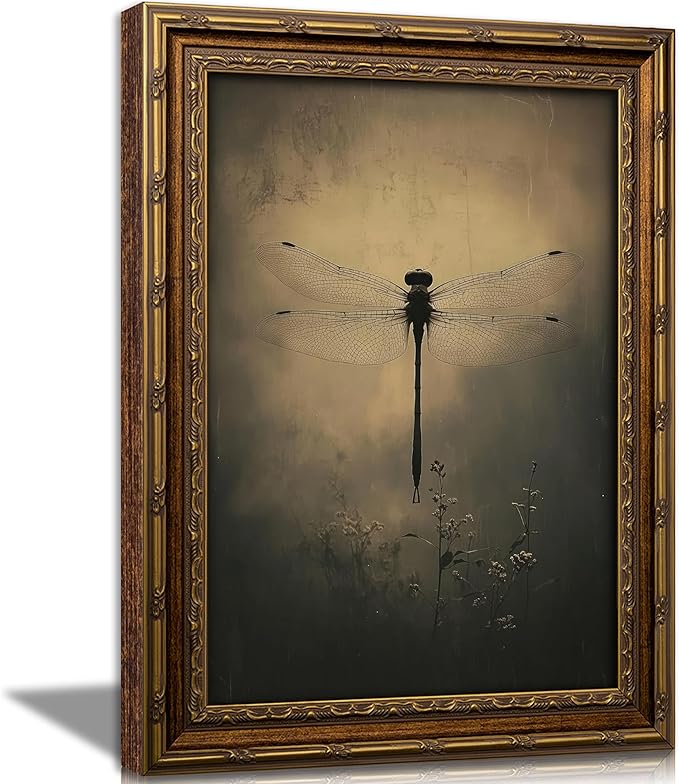 Vintage Gold Framed Wall Art Retro Dark Dragonfly Painting Canvas Prints Gothic Insect Picture Wall Decor Rustic Farmhouse Animal Poster Artwork for Living Room Bedroom Bathroom, 16x24in