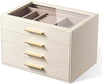 pickpiff Jewelry Box Organizer Case for Women: 4-Layer Jewelry Storage Case with Glass Window, Ivory Leather with Pink Velvet, Holder for Ring Necklace Bracelet Brooch Watch, Great Gift for Her