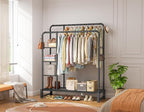 Double Rods Clothes Rack Clothing Rack with 4 Tier Storage Shelves Clothes Rack for Hanging Clothes Multifunctional Heavy Duty Clothes Organizer with Hooks for Bedroom,Wardrobe Closet,Shop,Black