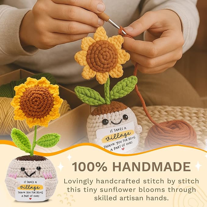 HEXMOZ Thank You Gifts for Women - End of Year Teacher Gift - Appreciation Gifts for Teacher Nurse Daycare Provider Nanny Babysitter - It Takes A Village Collectible Sunflower Doll Crochet