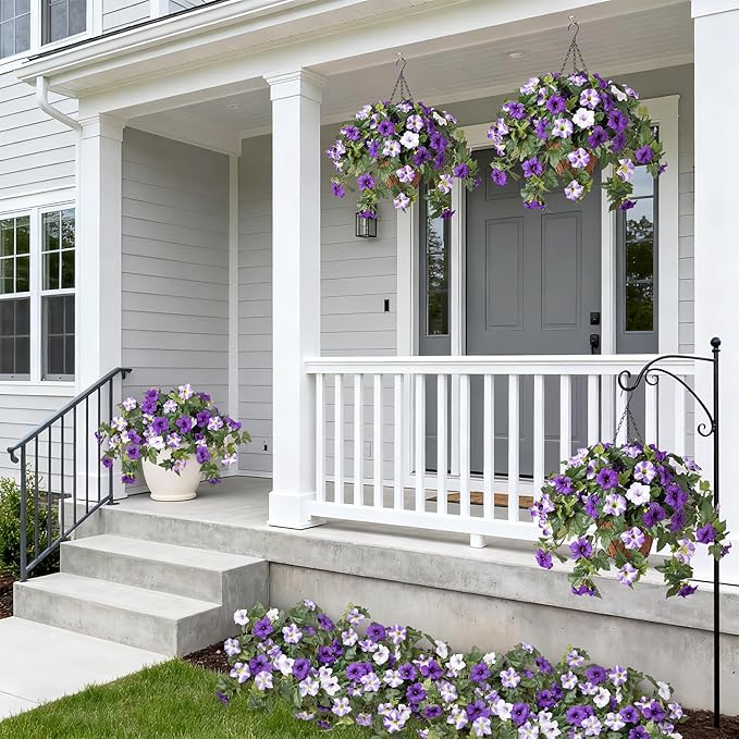 4 Pcs Artificial Fake Petunia Flowers for Outdoor Decoration, Faux Silk Petunias Flower for Spring UV Resistant No Fade Realistic Plants for Garden Balcony Yard Porch Indoor Decor(Purple White)