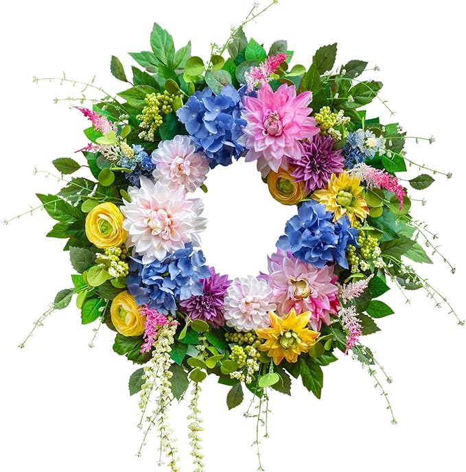 Spring and Summer Wreaths for Front Door 24 Inch Summer Wreath with Vibrant Dahlia, Gerbera Daisy & Primula Floral Arrangement - All Seasons Summer & Spring Door Wreath for Outside Decor