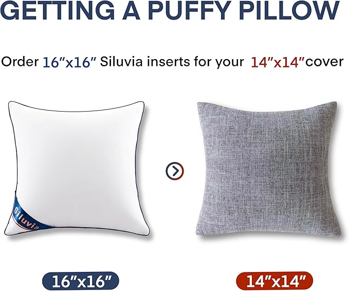 Siluvia 16"x16" Pillow Inserts Set of 2 Square Throw 16 Pillows with 100% Cotton Cover for Sofa, Couch, and Bed - White