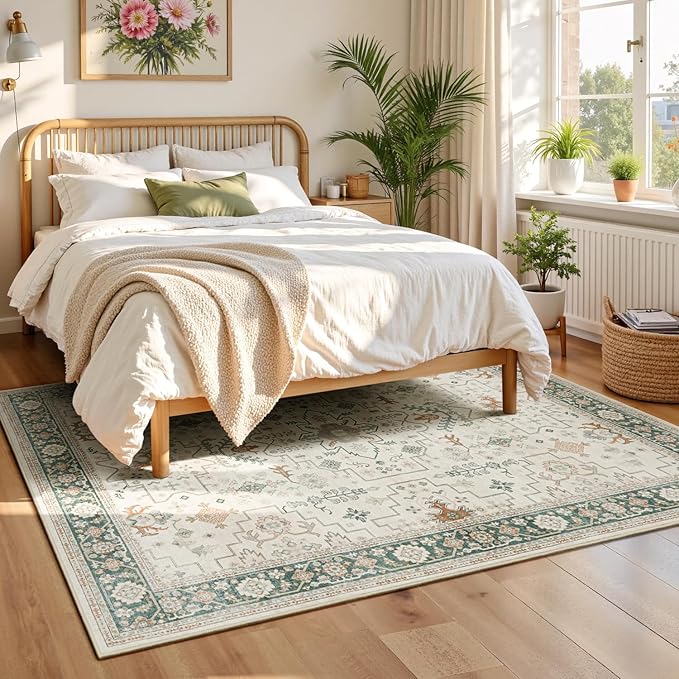 Lessymo Area Rugs for Living Room, Soft Non Slip 5x7 Washable Rug for Bedroom Dinning Nursery Room Office, Kids & Pets Friendly, Stain Resistance Vintage Floral Tribal Decor, Cream Green