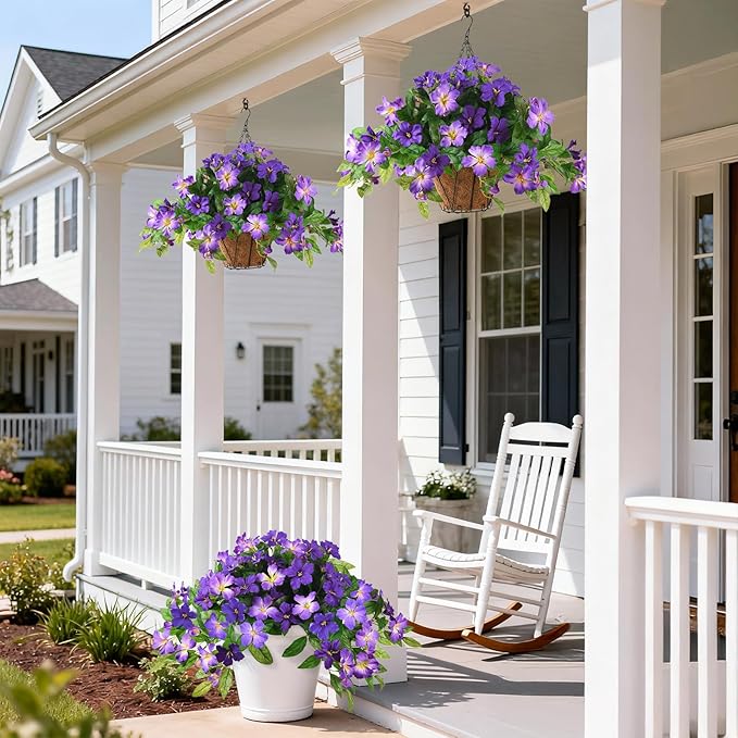 Homsunny Artificial Fake Flowers Plants Outdoor, 2PCS Realistic Faux Silk Flowers UV Resistant Fake Outdoor Flowers for Spring Outside Porch Garden and Home Patio Yard Decor (Double Purple)