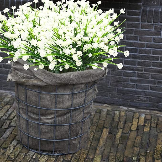 TURNMEON 20 Bundles Artificial Flowers for Outdoors Fake Plants Spring Decor, UV Resistant Artificial Plants Cemetery Flowers Faux Plastic Greenery Shrub for Home Porch Summer Decor 500 Heads(White)
