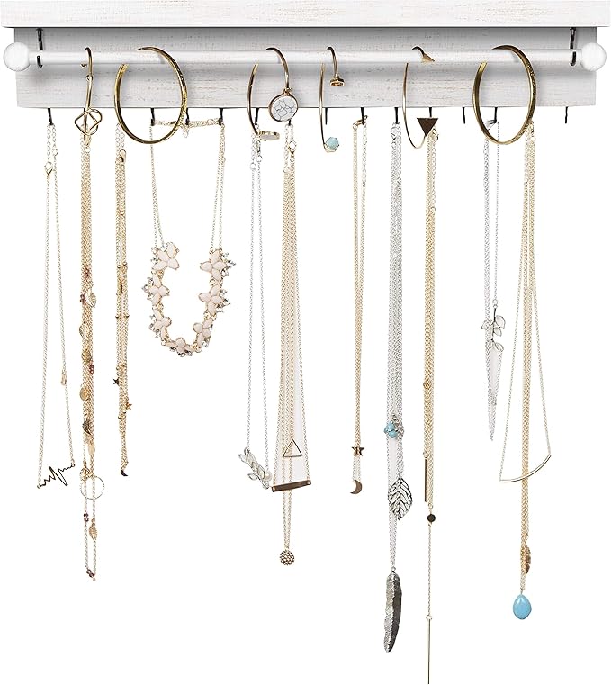 Rustic White Necklace Jewelry Organizer - Wall Mount Jewelry Holder - Mounted Hanging Jewelry Storage Hooks for Necklace, Earrings, and Rings - Farmhouse Wood Decor Bedroom Boho Shelf Rack