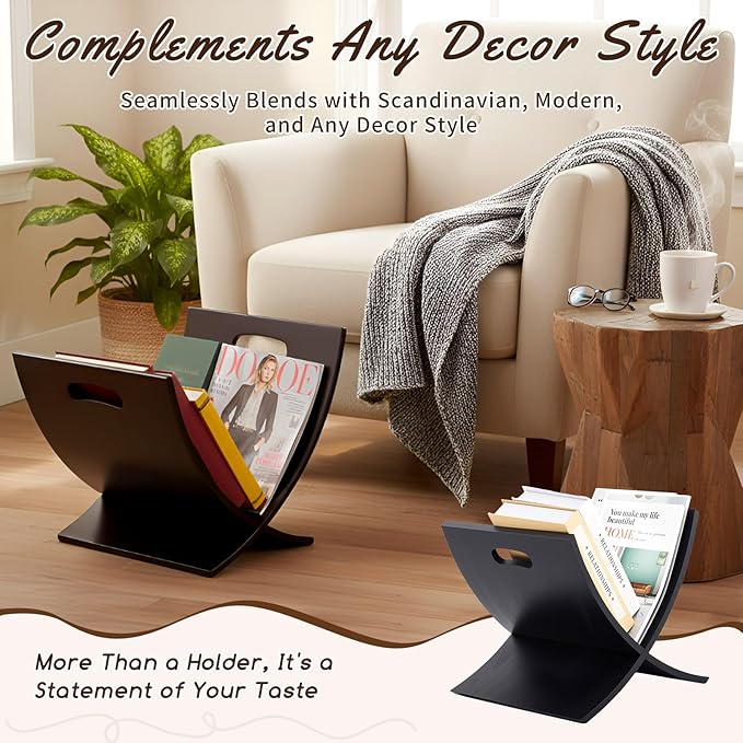 AceOrbit Black Freestanding Wooden Magazine Rack Vertical Floor Magazine Display Bathroom Newspaper Holder Stand for Home, Bathroom, Office, Bedroom, Living Room