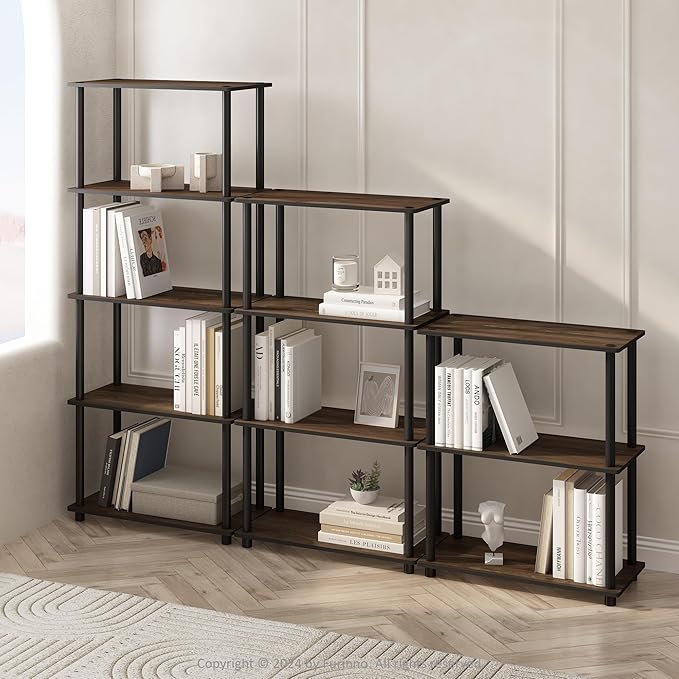 Furinno Turn-N-Tube Book Shelf, 4-Tier Bookshelf, Bookcase with Multipurpose Compact Display Rack, 11.6 x 23.6 x 43.2, for Living Room, Bedroom, Home Office, Columbia Walnut/Black