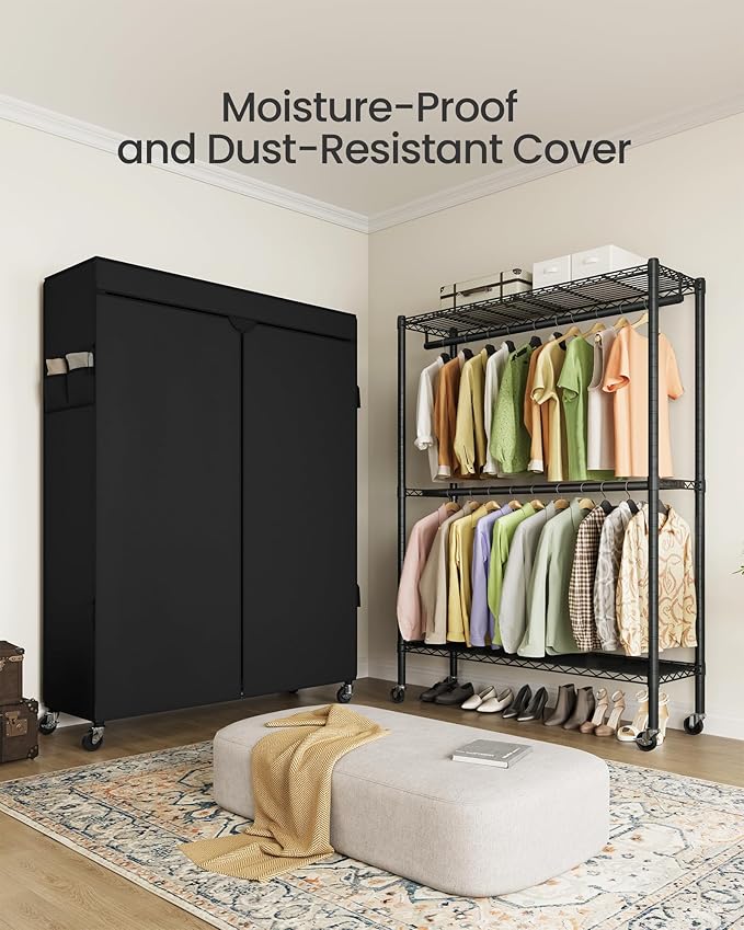 SONGMICS Heavy-Duty Rolling Clothes Rack, Garment Rack, Portable Closet on Wheels, with Adjustable Mesh Shelves and Hanging Rails, Fabric Cover, 15.8 x 43.3 x 78.3 Inches, Ink Black ULGR419BH01