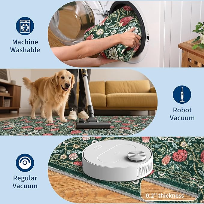 GarveeHome Green Vintage Floral Washable Rugs 8x10 for Living Room Boho Botanical Retro Rug Low Pile Stain Resistance Non Slip Carpet for Bedroom Nursery Dining Room