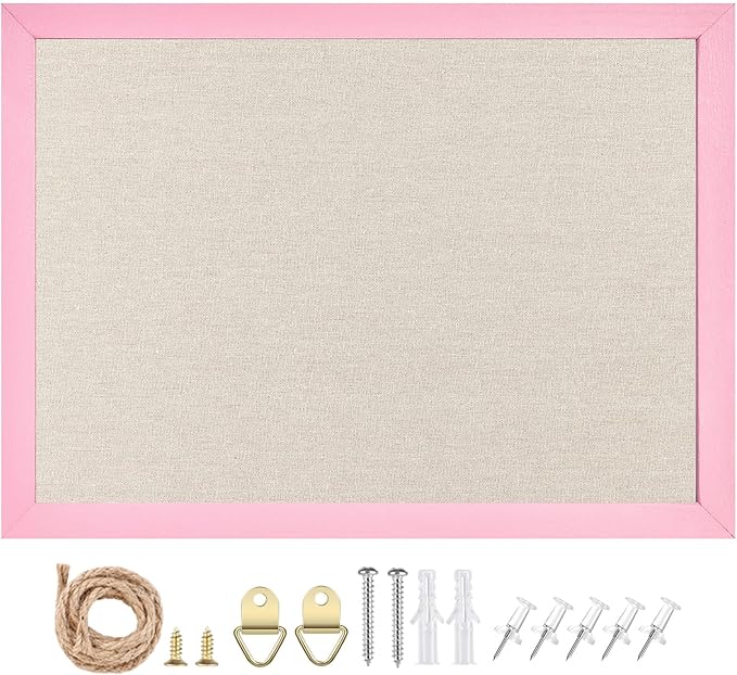 Small Linen Bulletin Board,10.2"x14.2" Pink Wood Frame Bulletin Boards,Beige Linen, Pin Board for Home Kitchen Office Decorative(PK-2636)