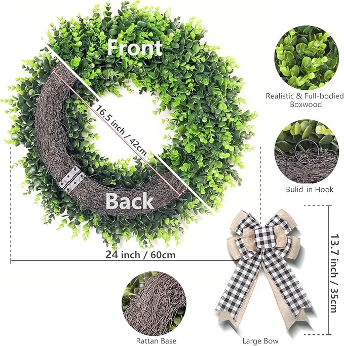 24-26'' Large Boxwood Wreath for Front Door, Porch, Window - Foldable Greenery Boxwood Wreaths for Farmhouse Wedding Indoor Outdoor Decor - Spring, Summer, Fall, All Seasons (with Bow)