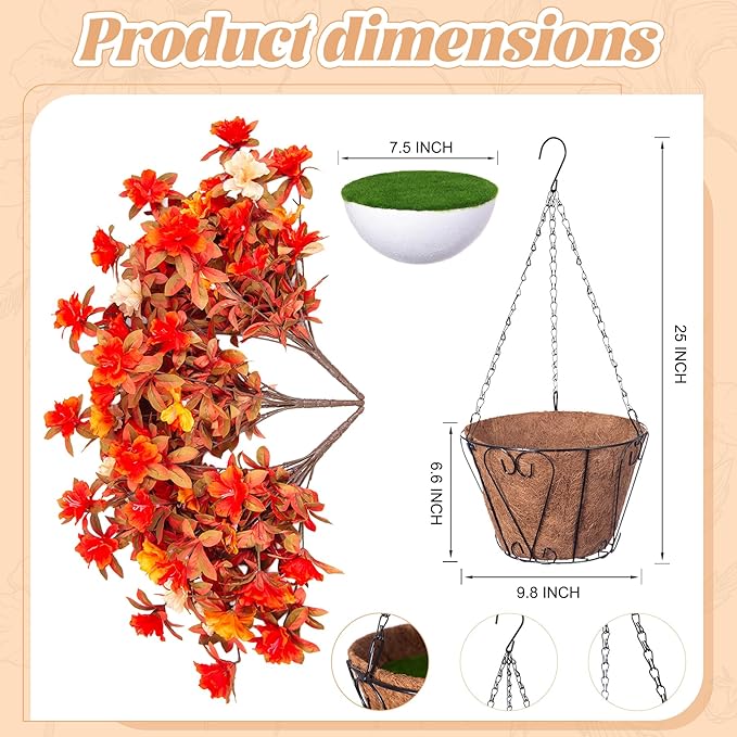 Fall Flowers with Hanging Basket Artificial for Decoration, Fake Silk Rhododendron Flowers for Outdoors, UV Resistant No Fade Floral for Home Garden Balcony Porch Patio Wedding Party Decor