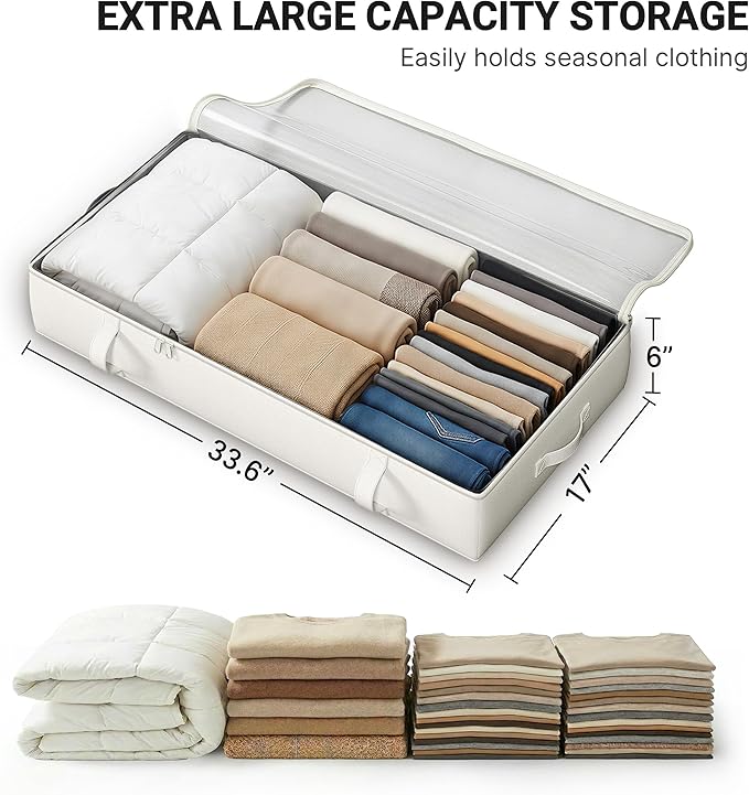 2-Pack Under Bed Storage, 6 Inches Tall Closet Organizers and Storage Bins with Sturdy Sidewalls/Bottom/4 Handles, Beige