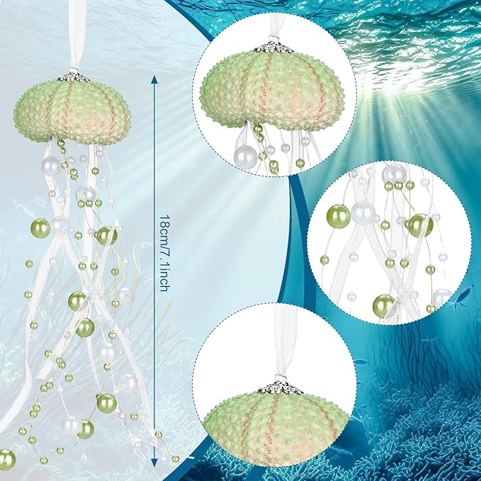 3 Pcs Sea Urchin Jellyfish Christmas Ornament Coastal Beaded Beach Theme Holiday Decorations Ocean Inspired Elegant Hanging Jellyfish Decorations with Crystal and Ribbons (Green)