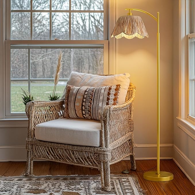 Oneach Arc Floor Lamp for Living Room with 3 Color Temperatures, Rattan Boho Floor Lamp with Hand-Woven Wicker Shade,Farmhouse Floor Lamps with Remote & Dimmable Bulb, Suitable for Bedroom（Gold）
