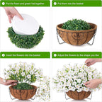 INSPRING Artificial Faux Hanging Flowers Basket for Outdoors Spring Fake Plants, UV Resistant White Silk Morning Glory in Planter Realistic Petunia Flowers for Outside Patio Porch Garden Home Decor