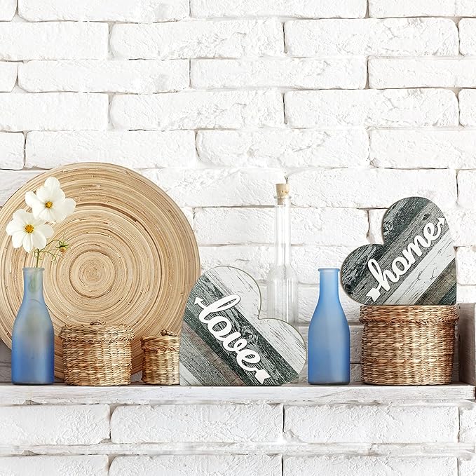 Jetec 2 Pcs Rustic Decorations for Living Room Home Shelf Mantel Entryway Table, Farmhouse Knick Knacks Christian Table Centerpiece Wooden Heart Decor for Dining Room Housewarming Gift(Vintage Style)