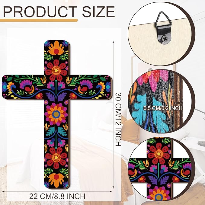 Maitys Floral Cross Wall Decor Hand Painted Decorative Inspirational Wooden Cross Mexican Art Wall Decor Mexican Crucifix for Home Room Church Decoration(Retro Style)