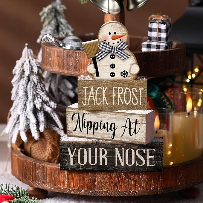 Moucuny 4 Pcs Winter Table Decor Wooden Snowman Black and White Winter Tiered Tray Decor Rustic Decorative Snowman Block Sign Gifts Christmas Centerpiece Rustic Christmas Decorations for Home Kitchen