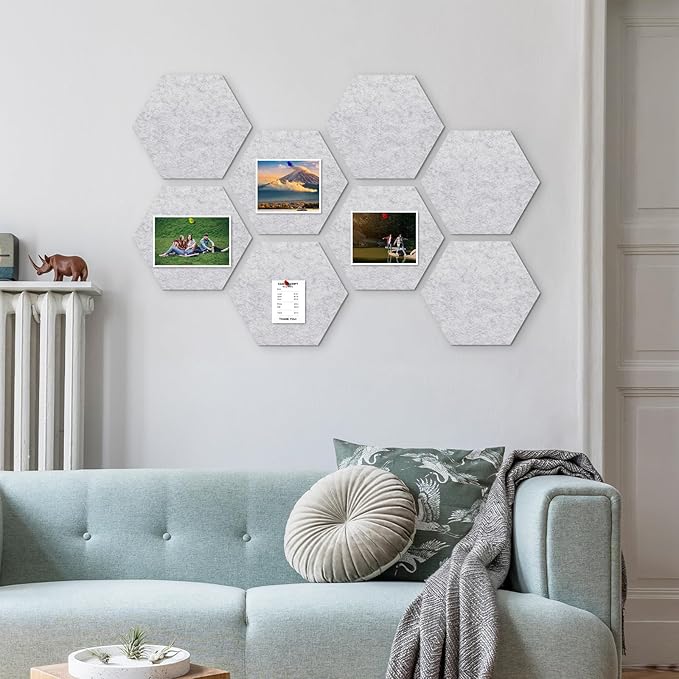 8-Pack Hexagon Felt Cork Board, 1/2" Thick Felt Bulletin Pinboard with 80 Push Pins, Adhesive Tabs, Geometric Cork Wall Tiles for Photos, Memos, Home & Office Decor (Light Grey)