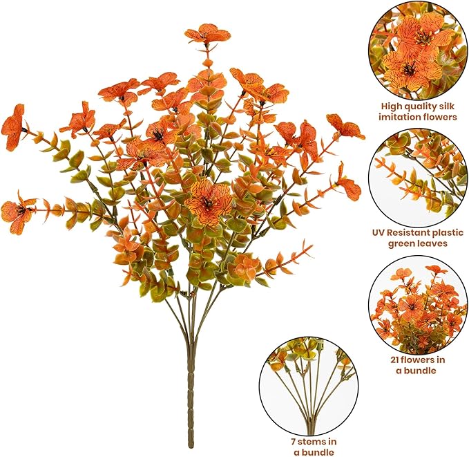 Lnoicy 20 Bundles Artificial Fake Mums for Outdoor Fake Plants for Autumn Decoration,Faux Eucalyptus Flowers for Planter UV Resistant Lifelike for Home Porch Garden (Fall Orange)