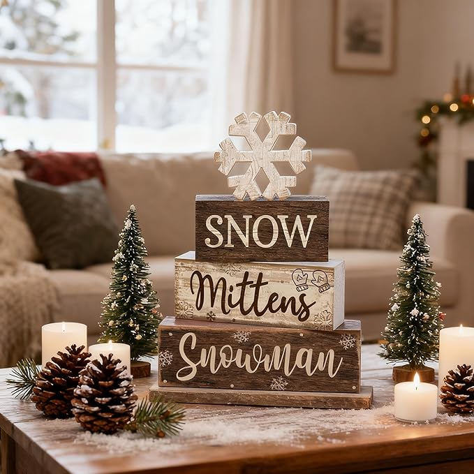 Moucuny 4 Pcs Winter Table Decorations Wooden Snowflake Decor Christmas Tiered Tray Decor Rustic Decorative Snowflake Block Sign Gift Winter Table Centerpiece for Wonderland Party Home Kitchen