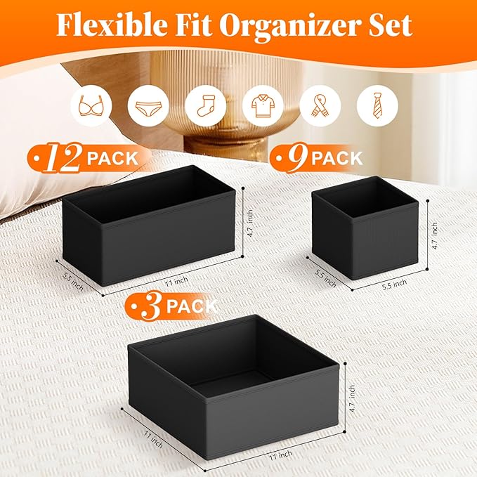 Drawer Organizer Clothes, 24 Pack Drawer Organizers and Underwear Organizer for Nursery, Dividers Clothes Organizer, Closet Organization and Foldable Storage Bins for Sock, Bra, Tie, Black