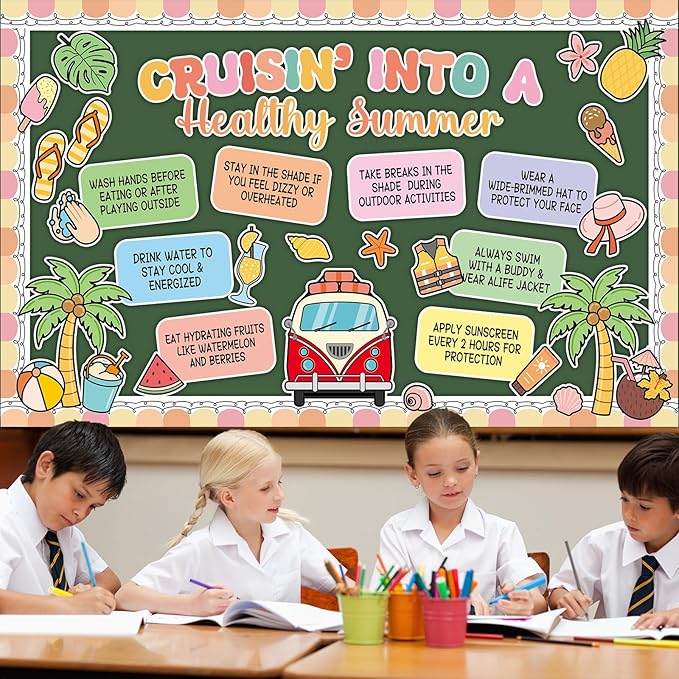 Retro Summer Beach Bulletin Board Set Groovy Hawaii Beach Classroom Decorations Cruisin' Into A Healthy Summer Tropical Classroom Paper Cutouts for Back to School Chalkboard Wall Teacher Supplies