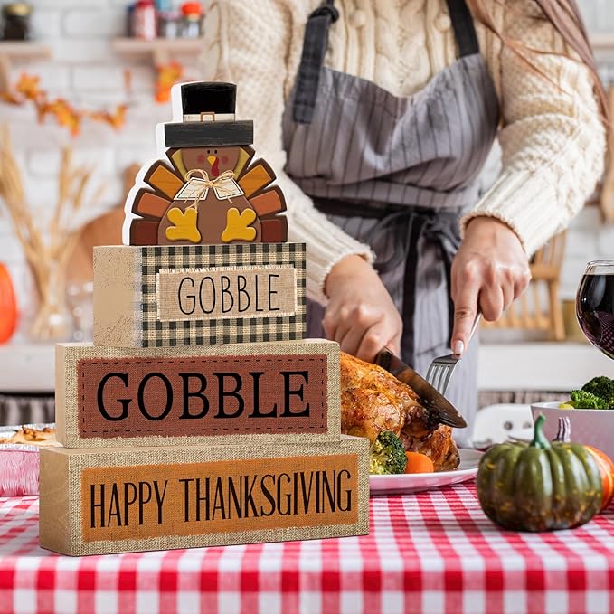 Lineshading 4 Pcs Fall Table Decorations Wooden Turkey Decor Thanksgiving Tiered Tray Decor Fall Centerpiece Rustic Wood Turkey Block Sign for Gobble Harvest Party Home Kitchen Decorations