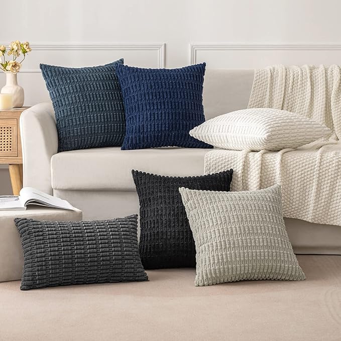 MIULEE Pack of 2 Corduroy Decorative Throw Pillow Covers 16x16 Inch Soft Boho Striped Pillow Covers Modern Farmhouse Home Decor for Sofa Living Room Couch Bed Dark Grey