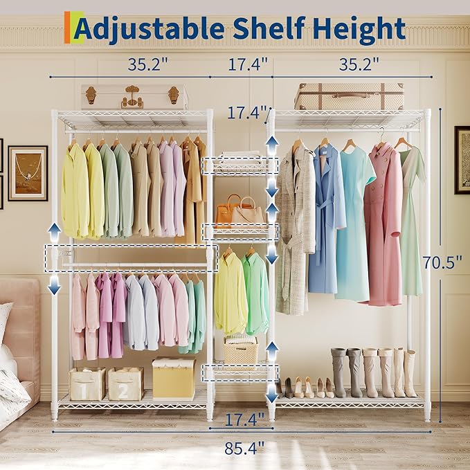 Heavy Duty Garment Rack L Shaped Clothes Rack for Corner,Load 1631LBS,Freestanding Portable Wardrobe Closet Clothing Rack with 7 Adjustable Shelves, 4 Hanging Rods,70.5"H x 85.4"L x 17.4"W