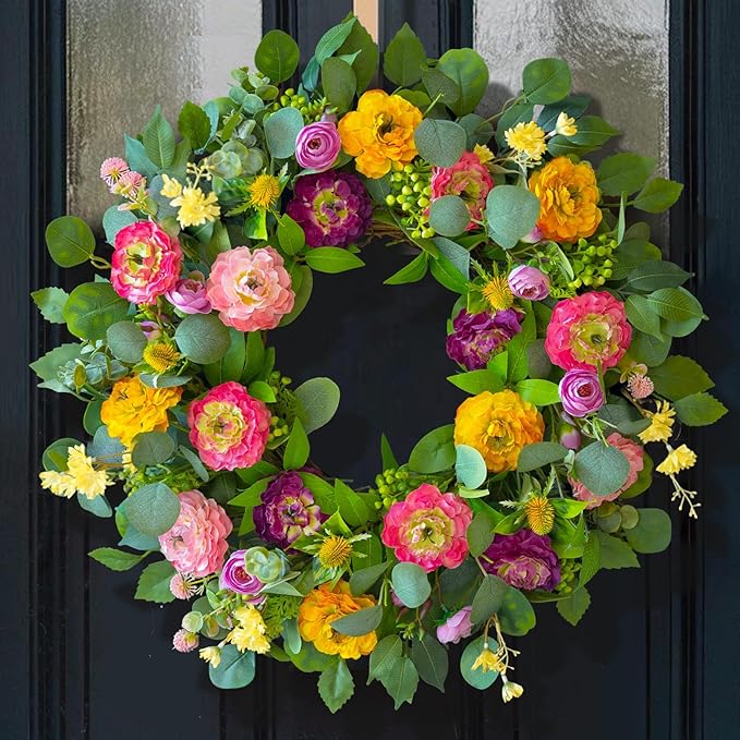 Spring Wreaths for Front Door 24 Inch Outdoor Spring Wreath with Peony Rose Ranunculus & Eucalyptus,Handmade Silk Summer Wreaths for Front Door,Spring Door Wreath for Porch Home Wall Window