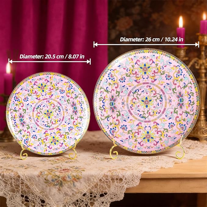KAMMAK Decorative Plates Set for Display, Pink Ceramic Plate Decor with Stand, Handmade Vintage Porcelain Ornament for Table, Living Room, Kitchen, Office, Perfect Chinese Style Dish Gift (8in+10in)