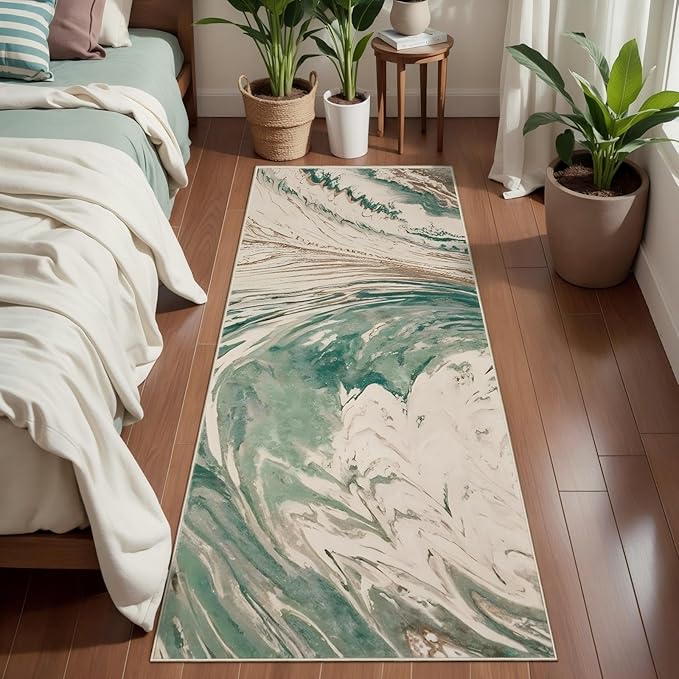 Ciicool 2x6 Washable Runner Rug, Modern Abstract Soft Hallway Rugs Runner, Non-Slip Thin Accent Rug Lightweight Green Swirls Print Distressed Carpet for Laundry Entryway Bedroom Kitchen Indoor