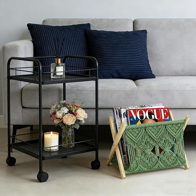 Boho Macrame Magazine Holder,Hand-Woven Magazine Rack for Home Office Desktop, Storage Basket for Letters, Magazines, Books and Newspapers (Green)