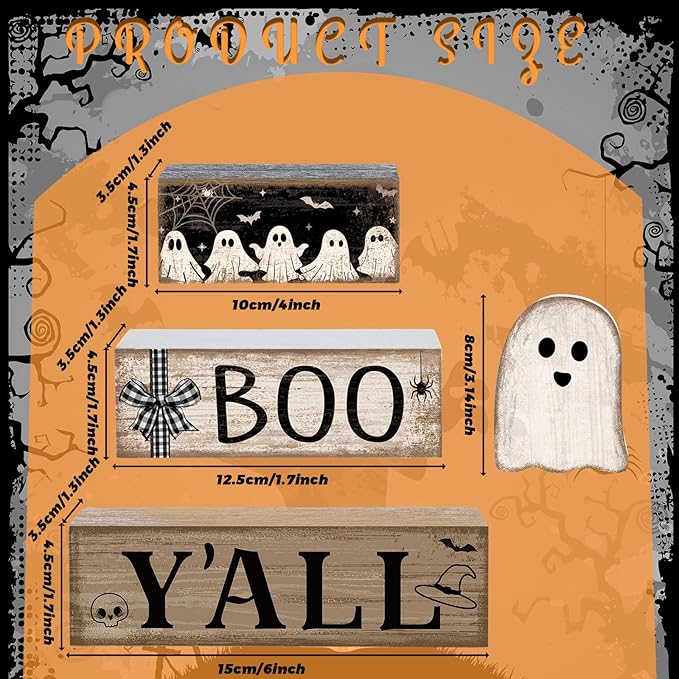 Lineshading 4 Pcs Halloween Table Decoration Wooden Ghost Tiered Tray Decoration Rustic Wood Ghost Block Signs Gift Halloween Centerpiece Farmhouse for Home Tabletop Kitchen Shelf