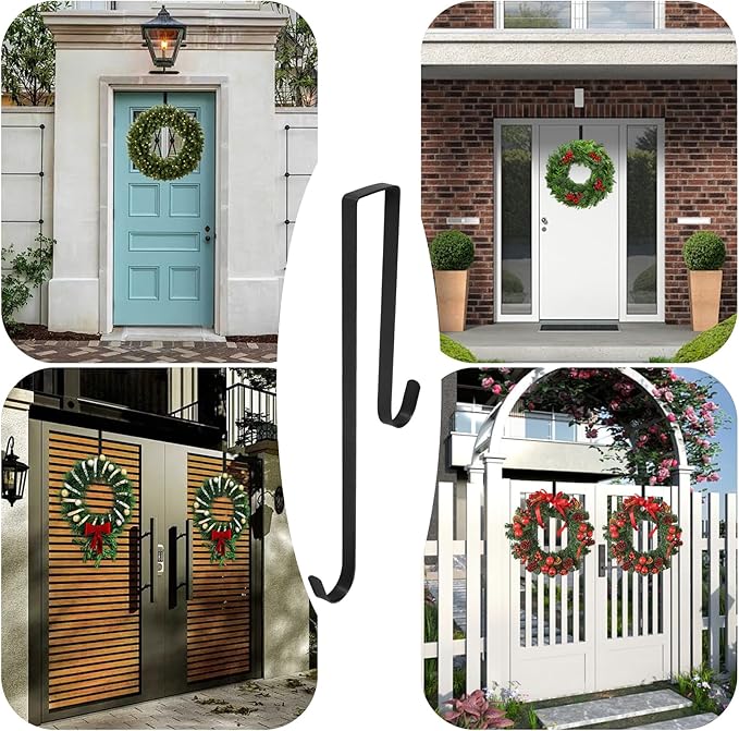 Premium Double Sided Wreath Hook for Front Door - Large Metal Hook Holds 2 Wreaths - Black, 9.4-15 Inch