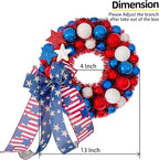 HipTree 13 Inch Patriotic Ball Wreath for Front Door with Lights, 4th of July Wreath with Red White Blue Stars & Ribbon for Memorial Day, Independence Day,Veterans Day, Flag Day,Summer Decorations