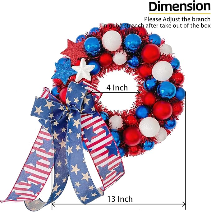 HipTree 13 Inch Patriotic Ball Wreath for Front Door with Lights, 4th of July Wreath with Red White Blue Stars & Ribbon for Memorial Day, Independence Day,Veterans Day, Flag Day,Summer Decorations