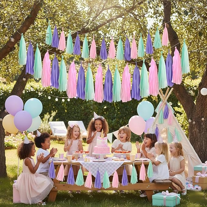 15Pcs Pink Purple and Blue Paper Tassel Garland,Tissue Tassel Banner for for Girls Baby Shower Ocean Theme Under The Sea Birthday Party Decorations