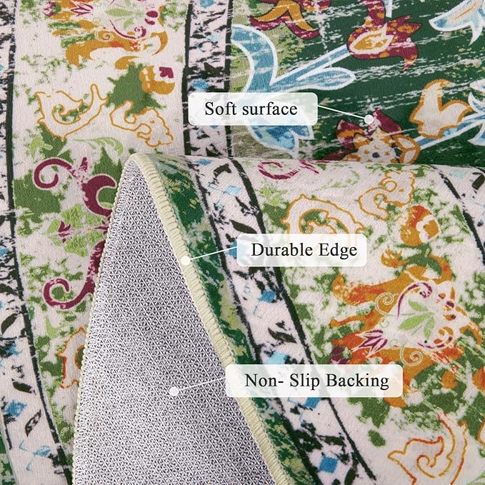 U'Artlines Boho Vintage Round Area Rug 8ft Machine Washable Low Pile Soft Floor Carpet Non Slip Non Shedding Accent Rug for Living Room Bedroom Entryway Dining Room Office Green